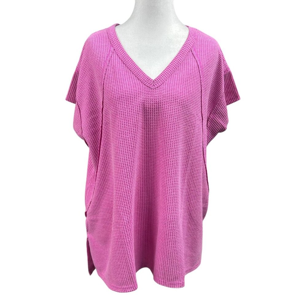 Andree By Unit Waffle Knit Top Womens Size Medium Pink V Neck